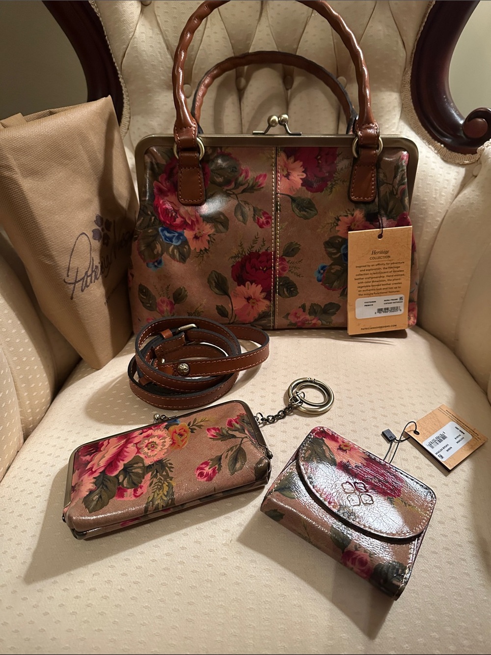 Patricia Nash Brown Floral Satchel with Pink & Red Blooms
